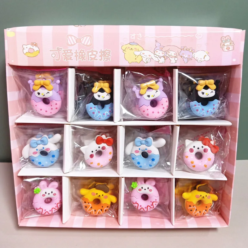 

48pcs Sanrio Eraser Kuromi My Melody Donut Erasers New Pom Pom Purin Pencil Erasers Students Stationery Prizes Wholesale