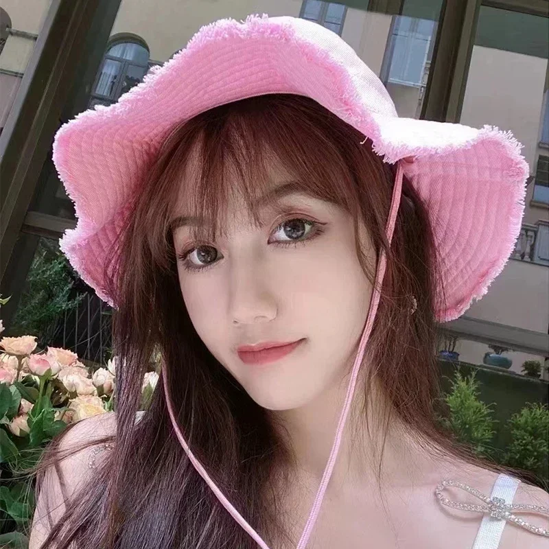 

Fashion Spring Summer Bucket Hats for Women Man Unisex Cotton Fisherman Hat Hat Brim Raw Edge Beach Hat YF0522