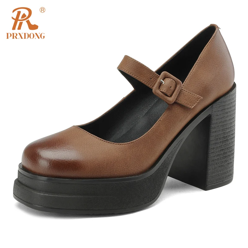 

PRXDONG 2024 New Brand Genuine Leather Chunky High Heels Platform Retro Black Brown Dress Party Female Mary Janes Shoes Pumps 39