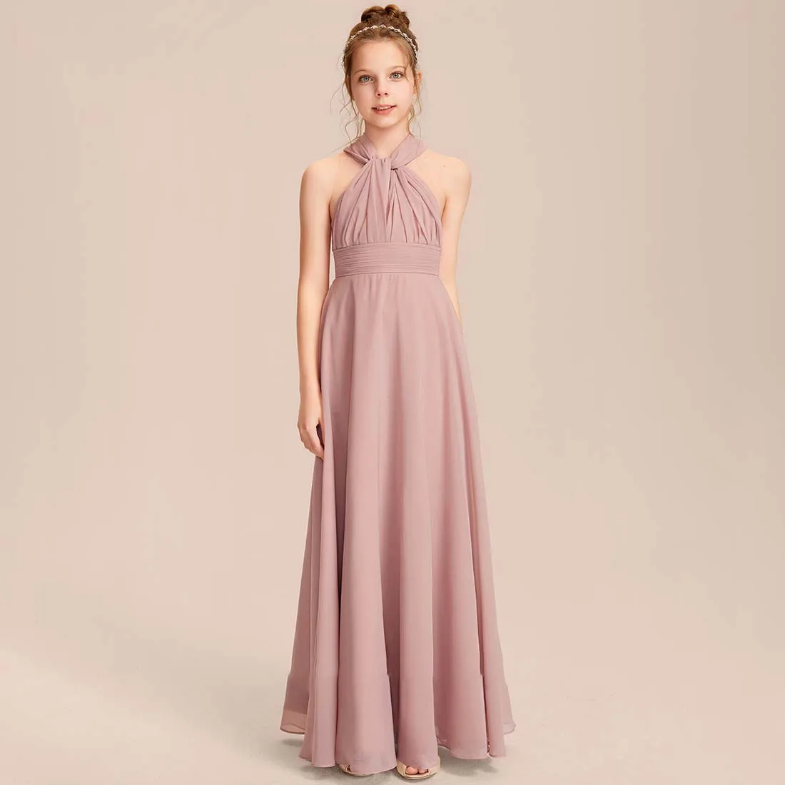 YZYmanualroom Flower Girl Dress Junior Bridesmaid Dress Chiffon A-line Halter One Shoulder V-Neck Floor-Length 2-15T