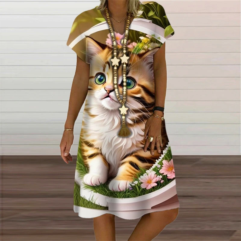Women Funny Cat Bike Print Dresses Summer Fashion 3D Pattern Short Sleeve  Dress Casual V-Neck Loose Street Kawaii Dress Oversize - AliExpress  200000345