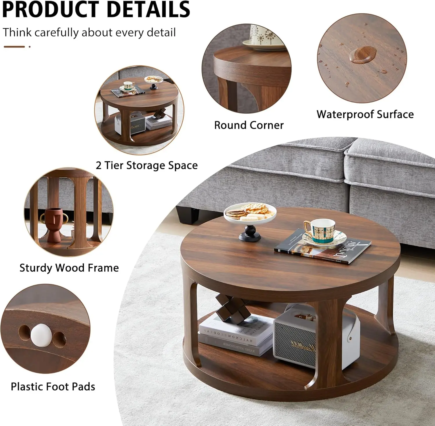 Coffee Table and End Table Set of 2, Round Coffee with 2-Tier Storage, Accent Side for Living Room (Walnut-1)