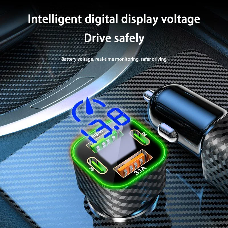 380W USB C Car Phone Charger Dual PD 4 in 1 with Voltage Display Super Fast Charge Adapter For iPhone Oppo Vivo Samsung