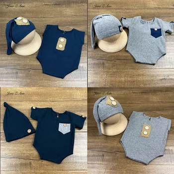 Cappello per abbigliamento fotografico neonato + tuta per neonato, gentiluomini, bottoni tascabili, abiti da studio per gemelli