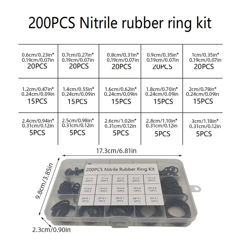 Rubber O Rings 200Pcs Boxed for Faucet Hose Connector Seal Valve Water Proof Machine Oil Proof Washer Combo Set Accessories