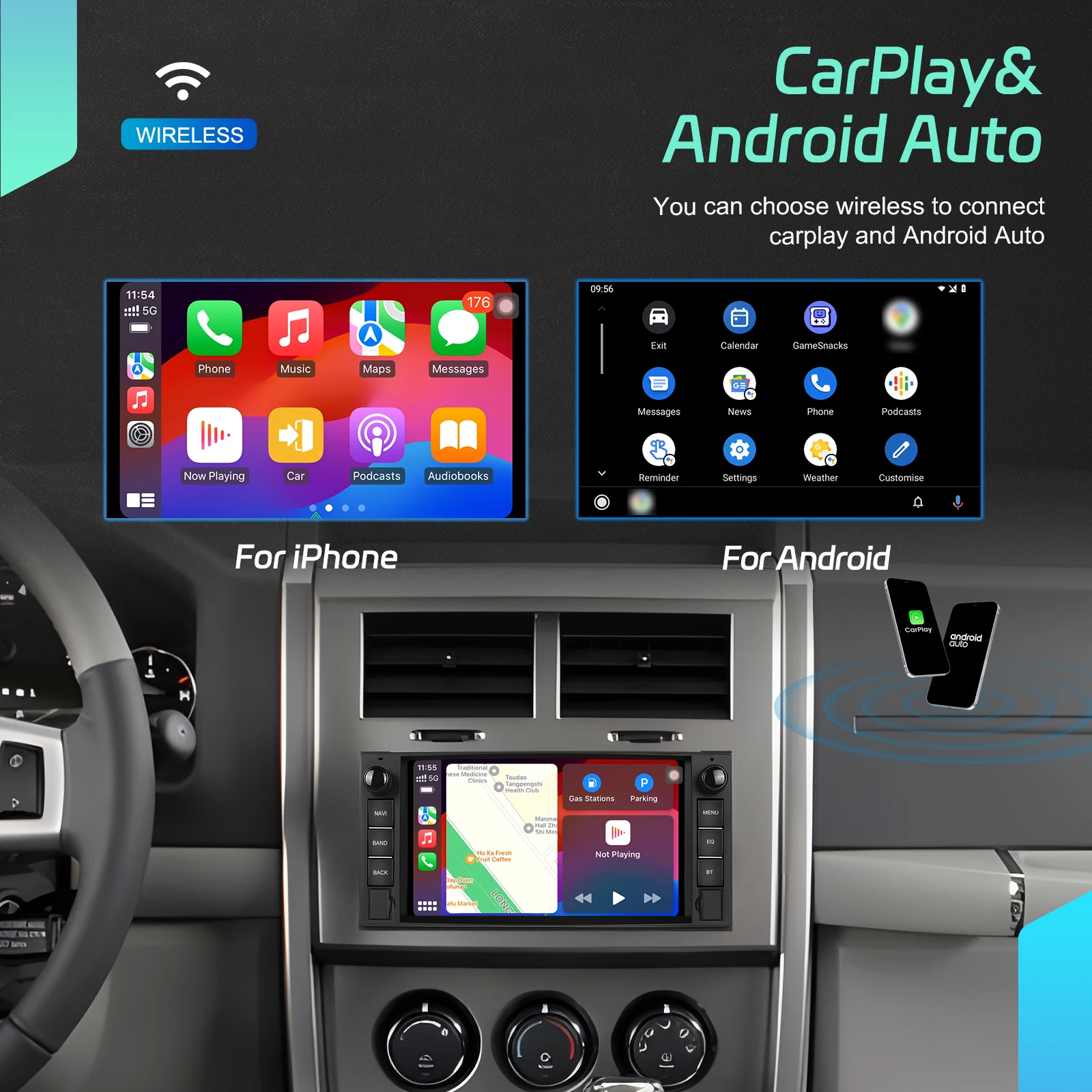 Radio para coche Podofo Android 2 Din 4G + 64G 7" para Chevrolet/Chrysler/Jeep/Dodge, estéreo para coche, Wifi, navegación GPS, sistema inteligente para coche, CarPlay, Android, unidad principal, BT, FM, Autoradio 4
