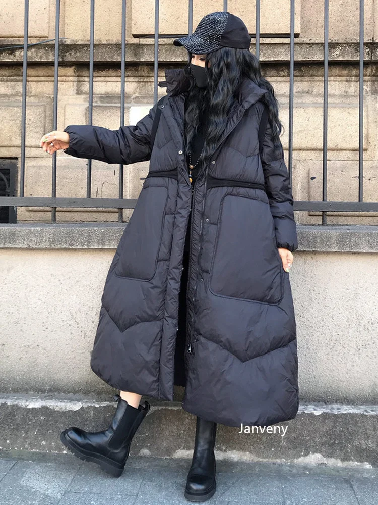 Janveny New Winter Women Thick Long Puffer Coat Hooded White Duck Down  Jacket Casual Female Loose Zipper Parkas Snow Outwear