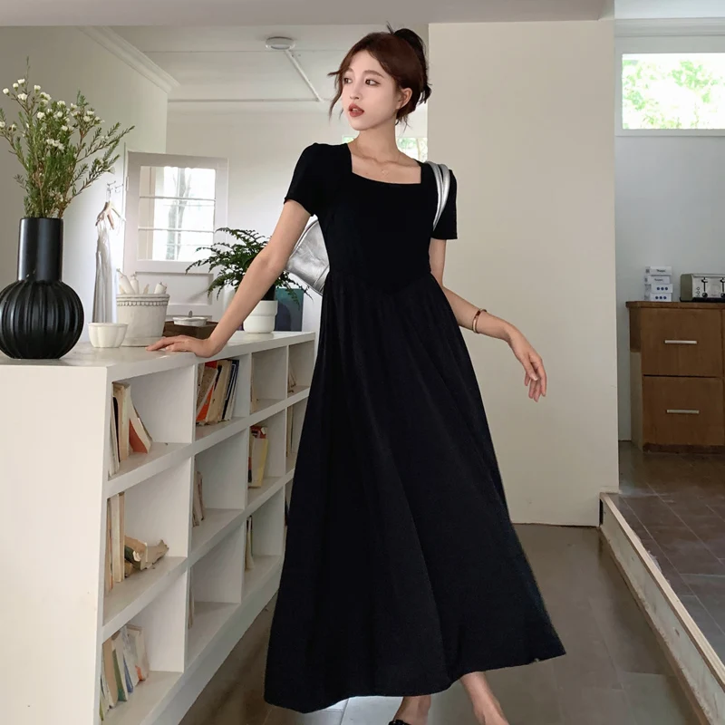 

Fashion A-Line Casual loose Dresses French style summer black dress for women square Collar High Waist Solid Maxi bodycon dress