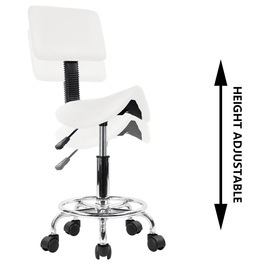 KKTONER Saddle Stool with Foot Rest PU Leather Swivel Adjustable Rolling Stools with Back Support Facial Salon Kitchen Chair