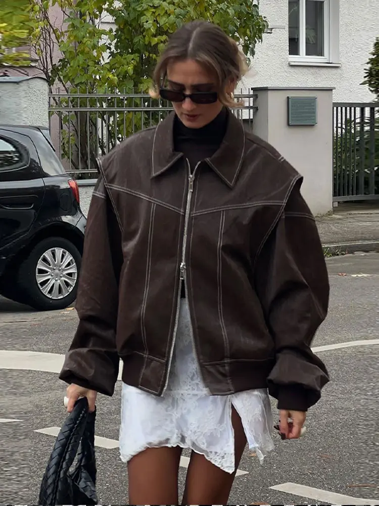 Women Zipper Leather Bomber Jackets Coats Oversized Contrast Stitch Lapel Long Sleeve Jacket Motorcycle 2024 Autumn Outwear Tops 3