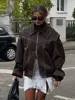 Women Zipper Leather Bomber Jackets Coats Oversized Contrast Stitch Lapel Long Sleeve Jacket Motorcycle 2024 Autumn Outwear Tops 3