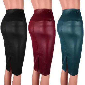 Leather Skirt Back Split Women Sexy Bodycon Pencil Skirt Sexy Office Lady Pencil Package Skirts High Waist Summer Long Skirt