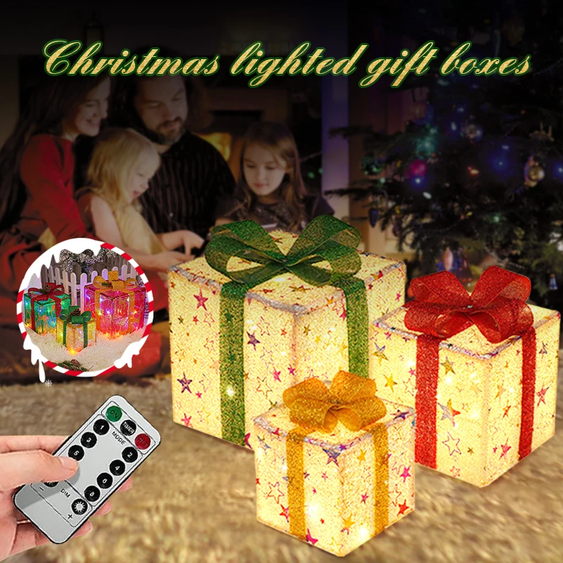 

Christmas Light Up Gift Boxes Bows Set LED Colored Lights Illuminated Decor Box with Remote for Holiday Party Xmas Tree Decor