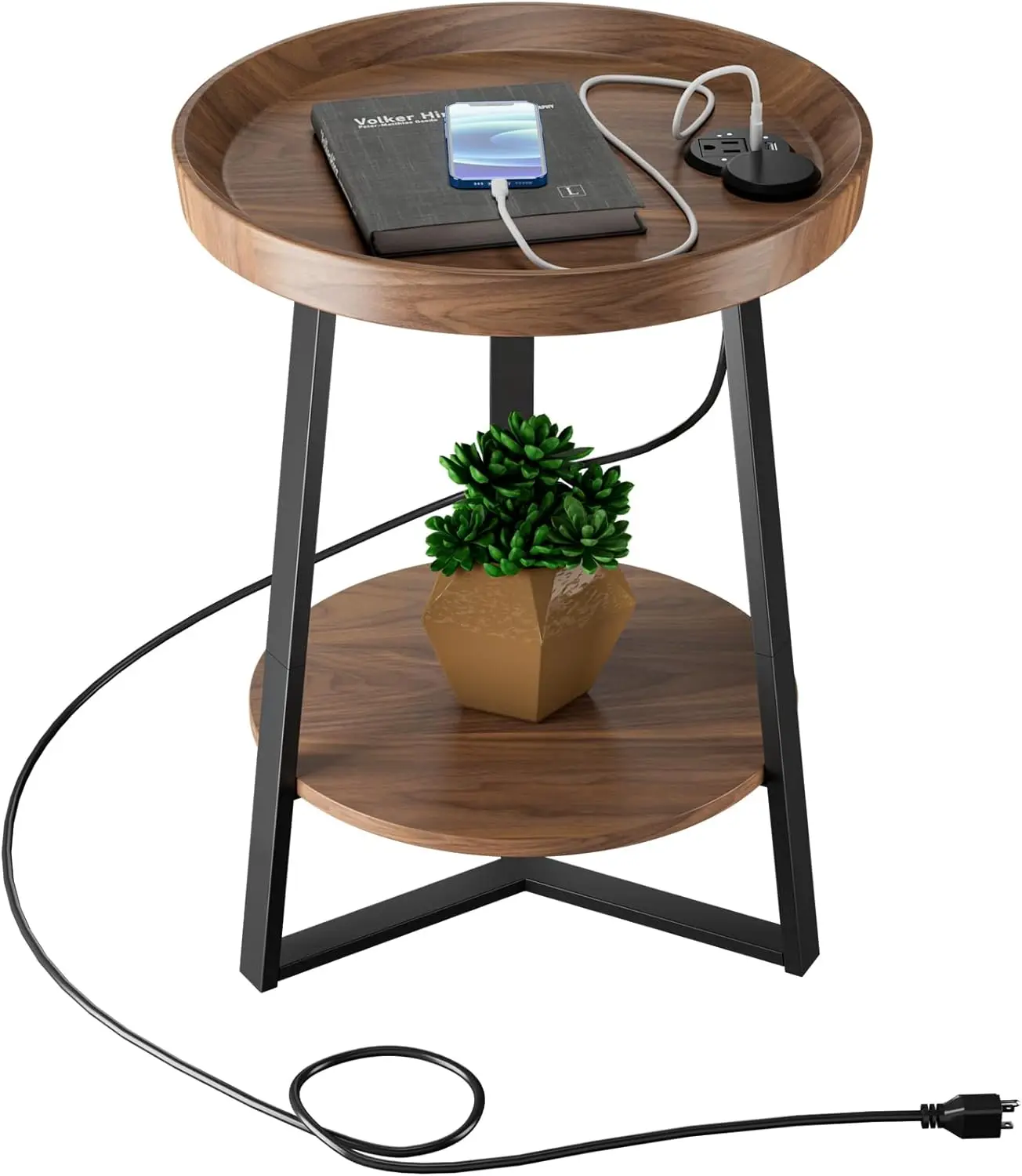 Round End Table with Charging Station, USB Ports, Wood Tabletop & Black Metal Frame, 2-Tier Side Table for Living Room, Bedroom