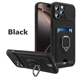 Enhanced Slide Camera Armor Case with Card Slot & Magnetic Ring Holder - Premium Protective Cover - iPhone 14 Pro Max (Black)