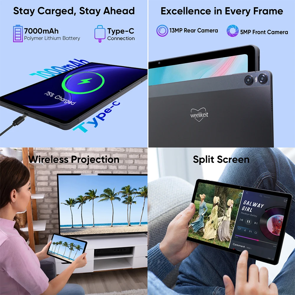 Weelikeit 와이파이 GPS 2024 태블릿, 안드로이드 13, MTK 8183, 8 코어, 11 인치, 2K FHD 인셀 디스플레이, 6GB RAM, 128GB ROM, C타입, 7000mAh, Kid