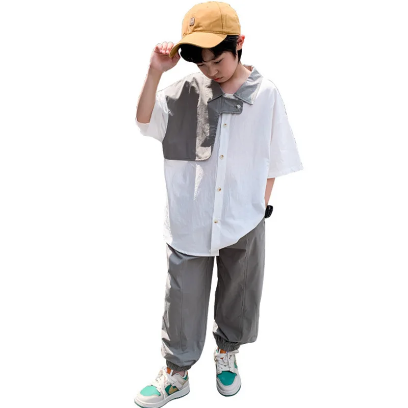 

Teen Boys Summer Clothing Suit Turn Down Collar Shirt+Pants Luxury Fashion 2Pcs Casual Loose High Quality For Kids Outfits 5-14Y