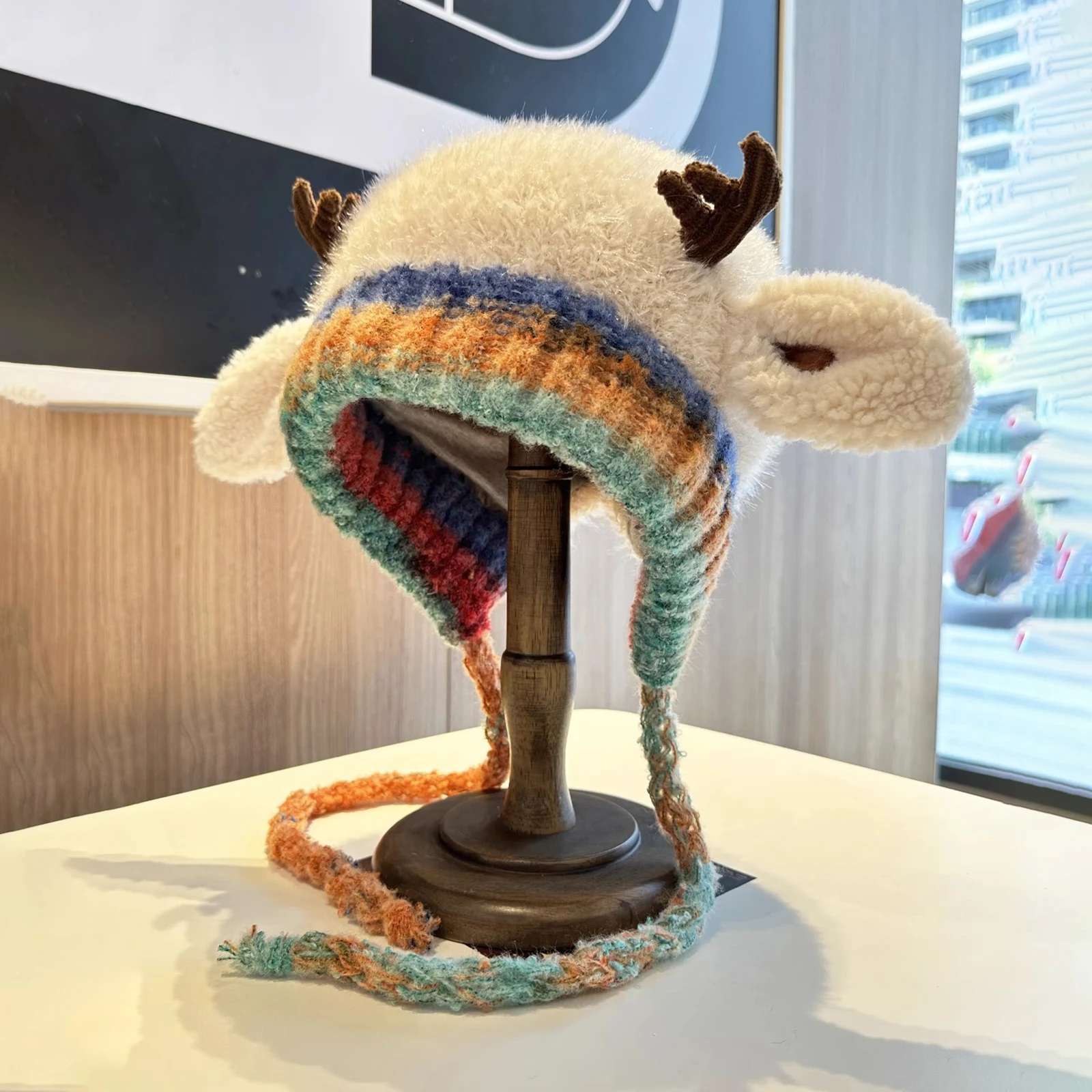 사슴 모양 보관함 2-in-1 니트 루돌프 비니 모자 플러시 따뜻한 뿔 모자 여성용 크리스마스 선물