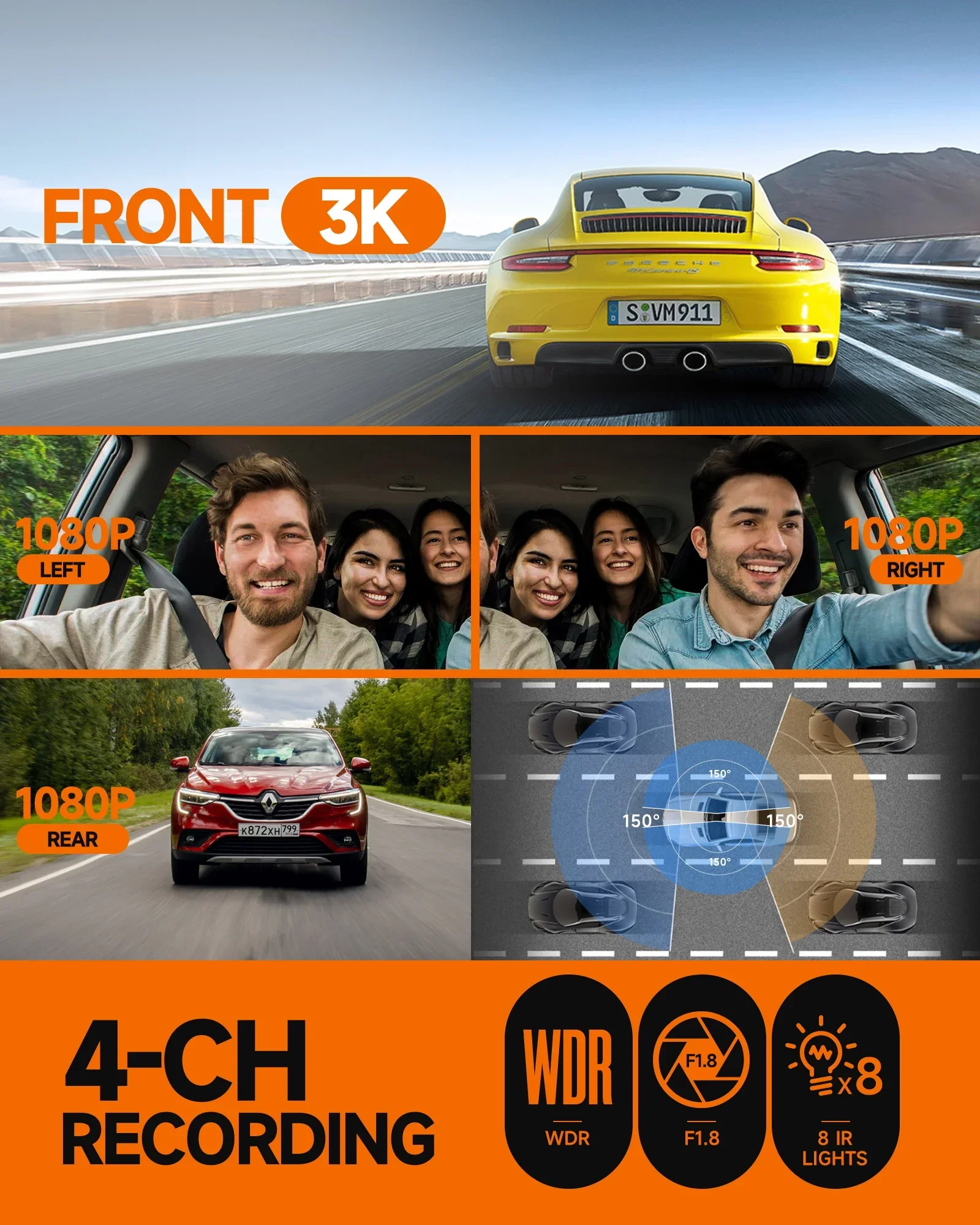 2025 3K 4채널 대시캠 4K WiFi GPS 차량용 대시캠 전후방 카메라