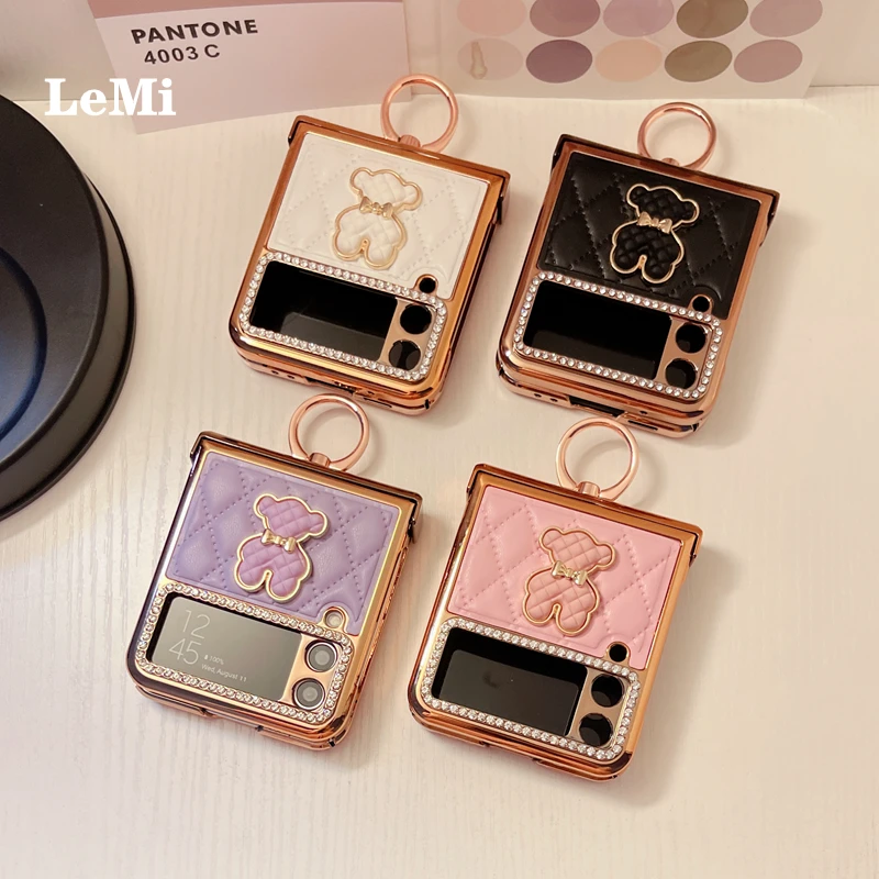 For Samsung Galaxy Z Flip 4 Case Ring Rhinestone Rhombus Leather Phone Case Z Flip4 Hinge Protective Cover phone case
