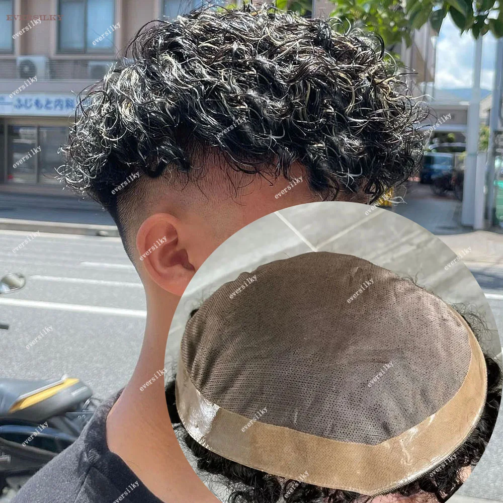 

20mm Curly Black Blonde Brown Men Toupee Super Durable Breathable Fine Mono Lace&PU 100% Human Fashion Hair Replacement Prosthes