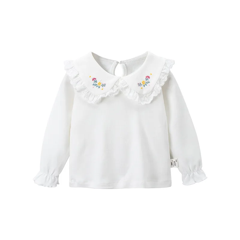 2025 Spring Autumn Baby Girls Tops Cotton Lace Collar Embroidery Long Sleeve Toddler Girls Shirts Kids Girls Bottoming Shirts 5
