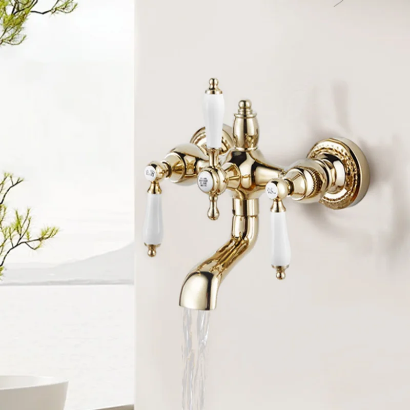 ก๊อกน้ำอ่างอาบน้ำสไตล์ฝรั่งเศสแบบย้อนยุค สีทอง ก๊อกน้ำอ่างอาบน้ำแบบน้ำร้อนและน้ำเย็น ก๊อกน้ำอ่างอาบน้ำแบบติดผนังทำจากทองแดง 1