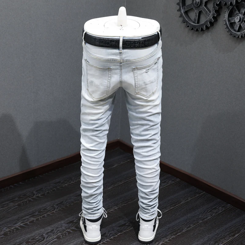 High Street Fashion Men Jeans Retro Light Blue Stretch Skinny Fit Ripped Jeans Men Patched Designer Hip Hop Brand Pants Hombre
