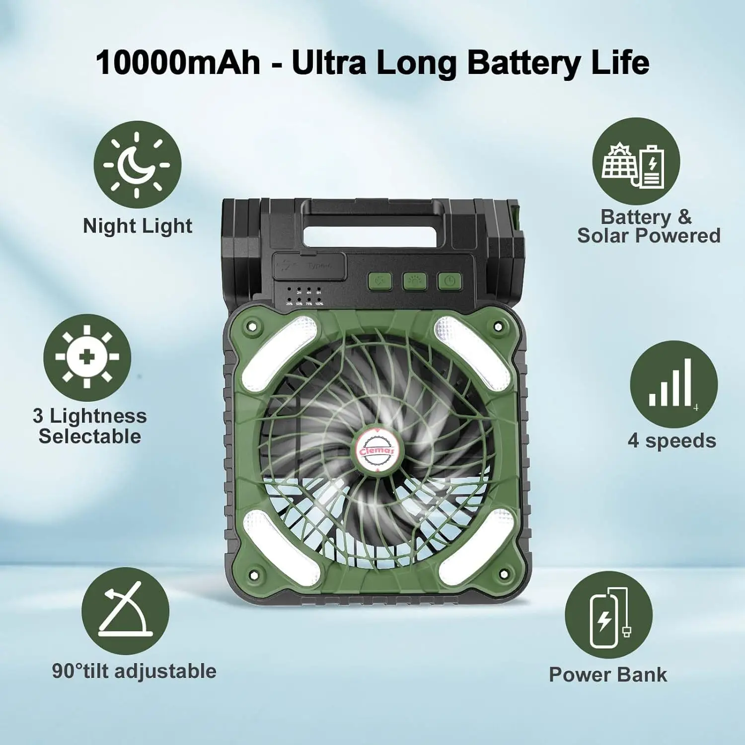 Portable Solar Fans 10000mAh LED Lantern Rechargeable Solar Powered Camping Fan 4 Speeds Powerful Wind 90° Folding Ventilador 3