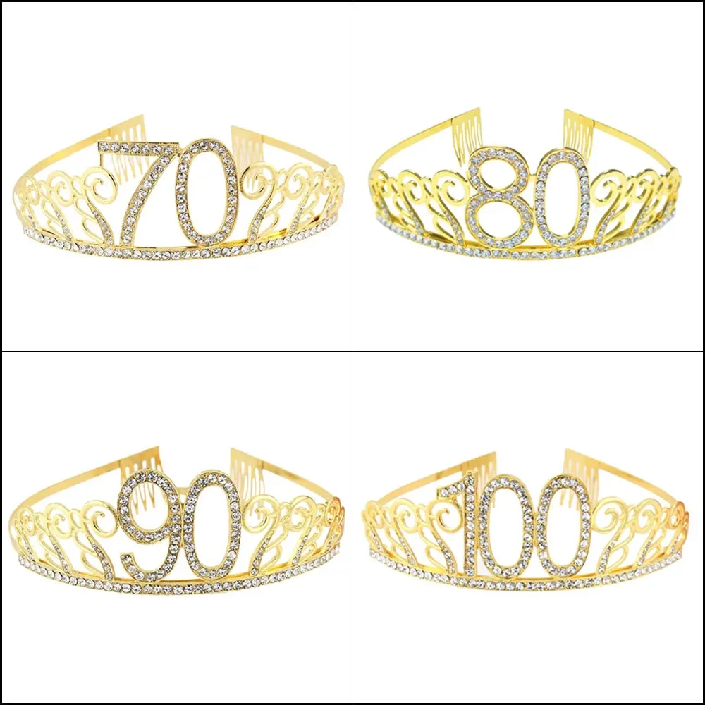 

Gold 70 80 90 100 Rhinestone Birthday Tiara Crown Cake Topper for Women 70th 80th 90th 100th Birthday Party Decoration Supplies