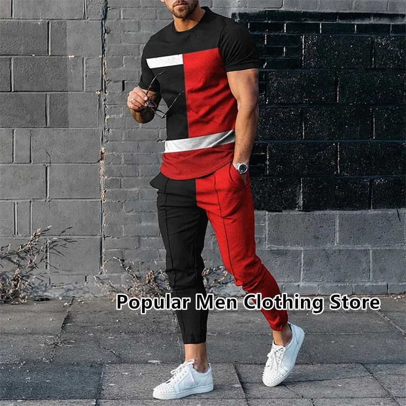 

Fashion Men's Trousers Tracksuit 2 Piece Set 3D Printed Summer Jogger Sportswear Short Sleeve T Shirt+Long Pants Street Clothes