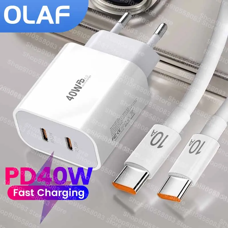 40W Dual Port Type C PD Fast Charger with USB-C to USB-C Cable