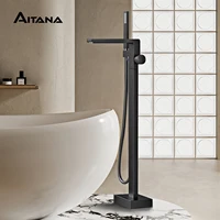 มือจับเดี่ยวทำจากทองเหลืองสีดำก๊อกน้ำในห้องน้ำแบบตั้งพื้นดีไซน์แบบฝังทั้งน้ำเย็นและร้อนดีไซน์แบบเรียบง่ายหรูหรา 1