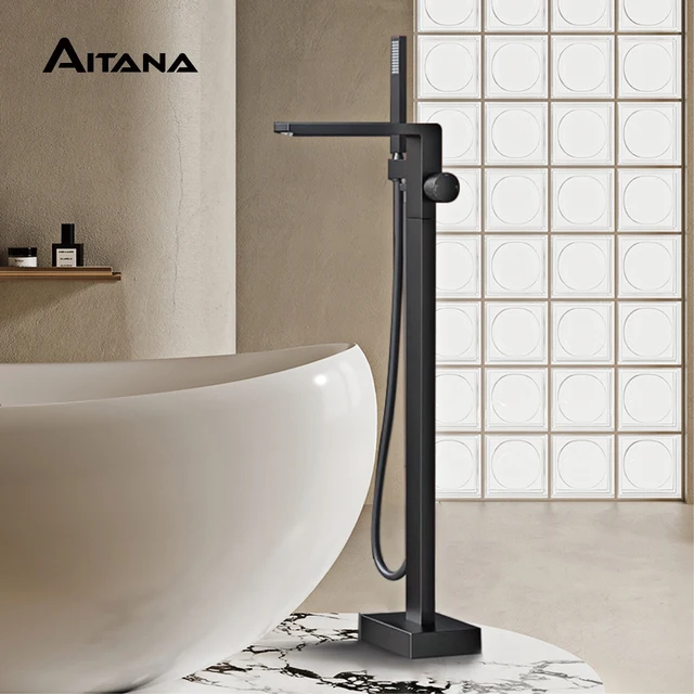 มือจับเดี่ยวทำจากทองเหลืองสีดำก๊อกน้ำในห้องน้ำแบบตั้งพื้นดีไซน์แบบฝังทั้งน้ำเย็นและร้อนดีไซน์แบบเรียบง่ายหรูหรา 1