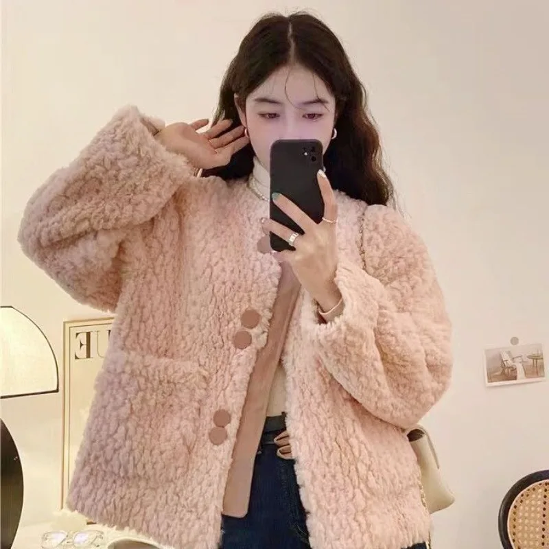 french small fragrance short lamb wool coat female 2023 autumn and winter new temperament loose and thin cardigan top 2024 Fashion Small Fragrance Jacket Pink Overcoat Women Autumn Winter Short New Warm French High-grade Imitation Lamb Wool Coat