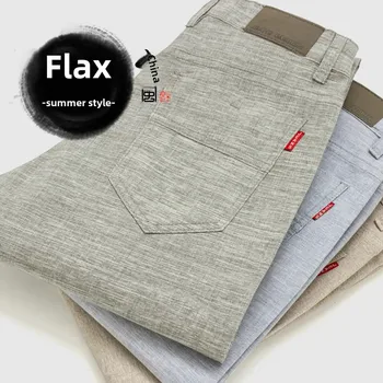 Pantaloni casual in lino di cotone sottile estivo slim fit per uomo Pantaloni casual in lino di cotone a gamba dritta snella per giovani all'ingrosso 1