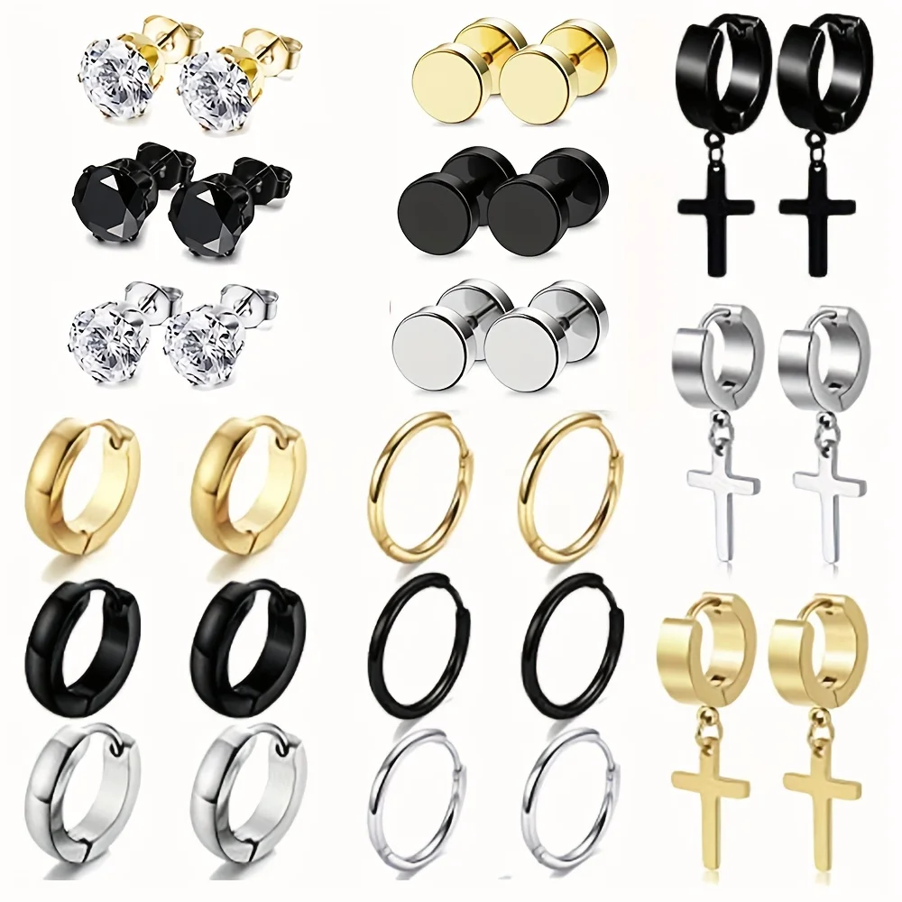 15 Paar Ohrringe Set für Männer Edelstahl Ohrstecker Kreuz baumeln Creolen Set Mode Ohr Piercing Schmuck_voghion.com