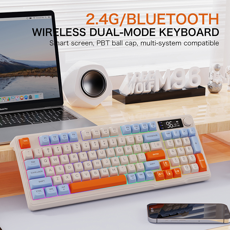 FREEWOLF M96 Wireless Bluetooth 2-Mode Mechanical Keyboard PBT Keycap Screen Knob Lithium Battery Backlight Multi-Device Gaming