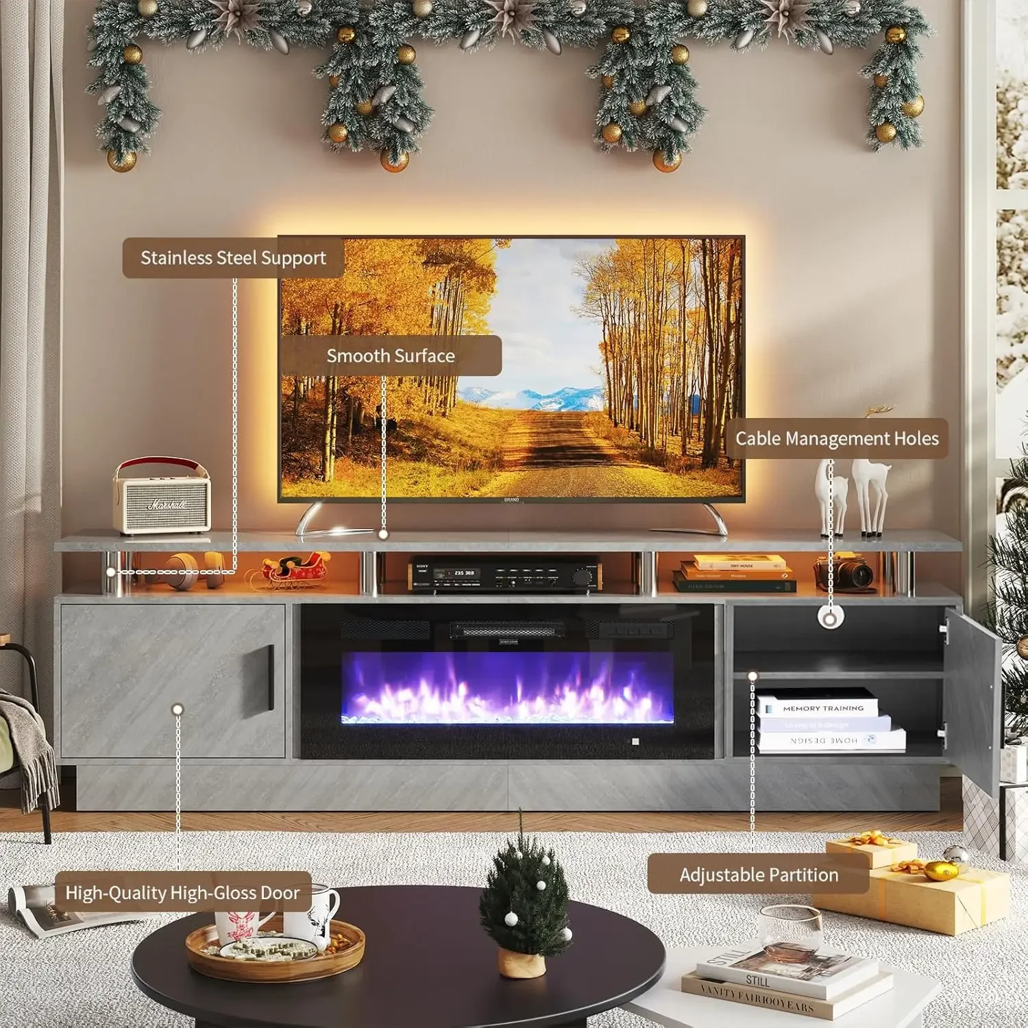 Fireplace TV Stand with 36”Electric Fireplace, 80” 2 Tier TV Console Stand for TVs Up to 90",LED Light Entertainment Center,Gray 5