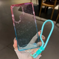 Transparent Gradient Glitter Bling Phone Case with Short Hand Rope Lanyard and Soft Cover - Galaxy S25+ (Pink Blue)