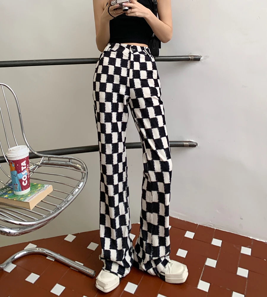 trousers for women 2022 spring new retro checkerboard casual pants women's high waist slim micro flared pants mopping pants tide dickies 874