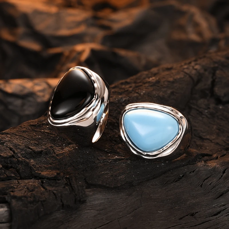 

S925 Sterling Silver Ring, Original Design by Female Minority, New Trendy and Advanced Blue Turquoise Black Agate Gem