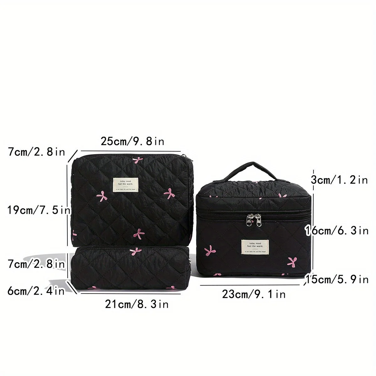 3pcs sets Cute Bow Flower Quilted Makeup Bag Women Cosmetic Organizer Female Handbag Portable Toiletry Case For Travel 2