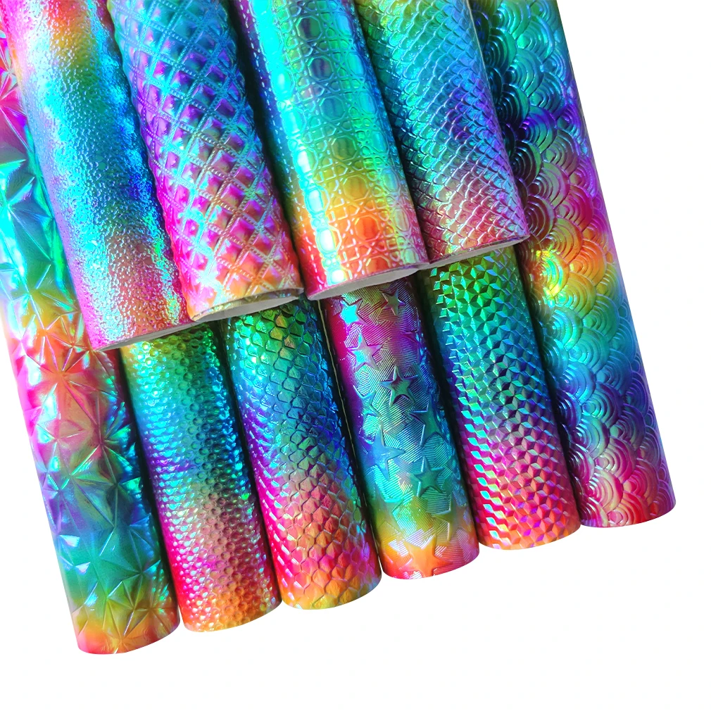 

XHT 3D Geometric/Star/Snake Skin Pattern Embossed PU Rainbow Iridescent Faux PU Leather Fabric Sheet for Bag/Shoe/Craft30*135CM