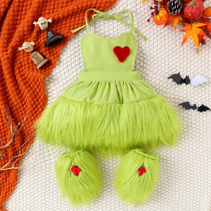 

Kids Baby Christmas Cosutmes Funny Cosplay Xmas Party Outfit Romper Green Plush PP Shorts Sets Furry Pants Skirt Xmas Gift