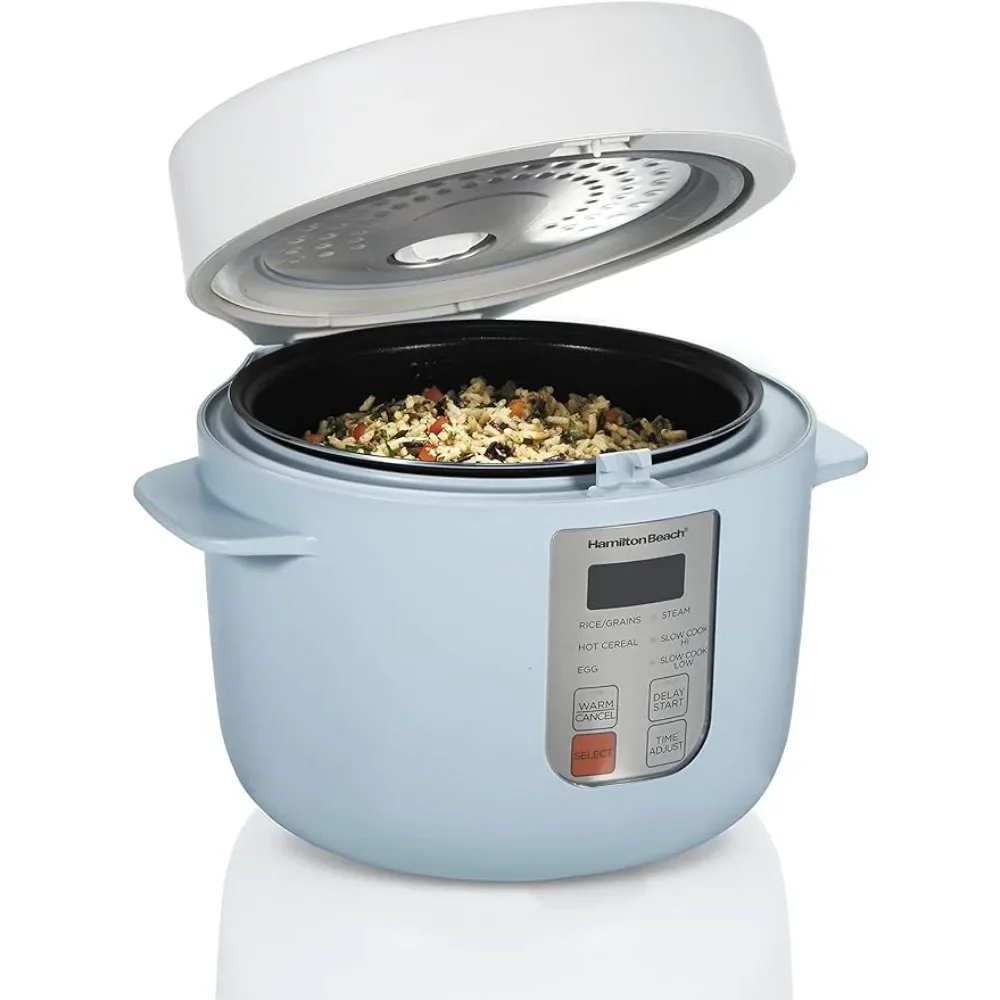 

programmable rice cooker and steamer with slow cooking function, with steam and rinse basket, 6 cups cooked, stainless steel