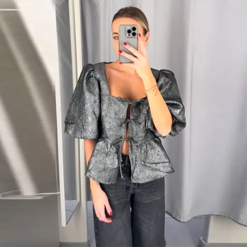 Elegant Square Collar Crop Blouses Women Lace Up Puff Short Sleeve Shirts 2025 Spring Summer Lady All-match Hollow Out Tops New