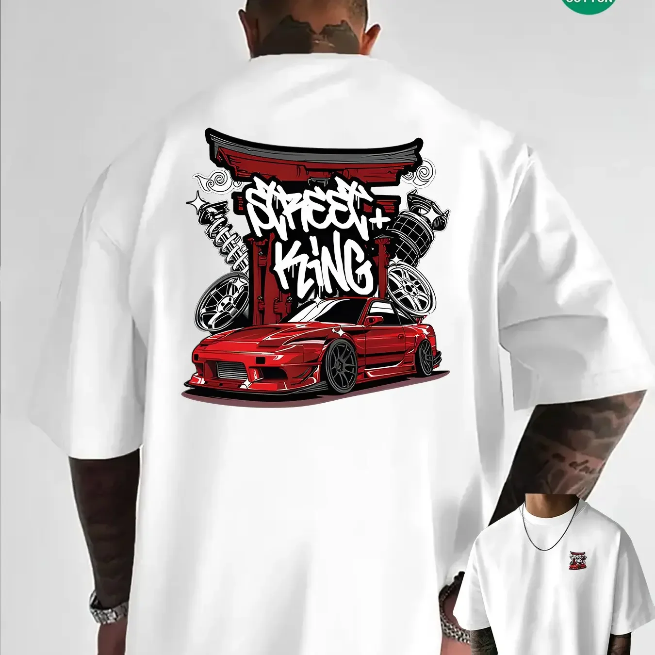 Japanischer Streetstyle für Herren: Speed ​ ​ King JDM Car Graphic T-Shirt, 100 % Baumwolle, Sommer-Graffiti-T-Shirt, lässiges Outdoor-Oberteil