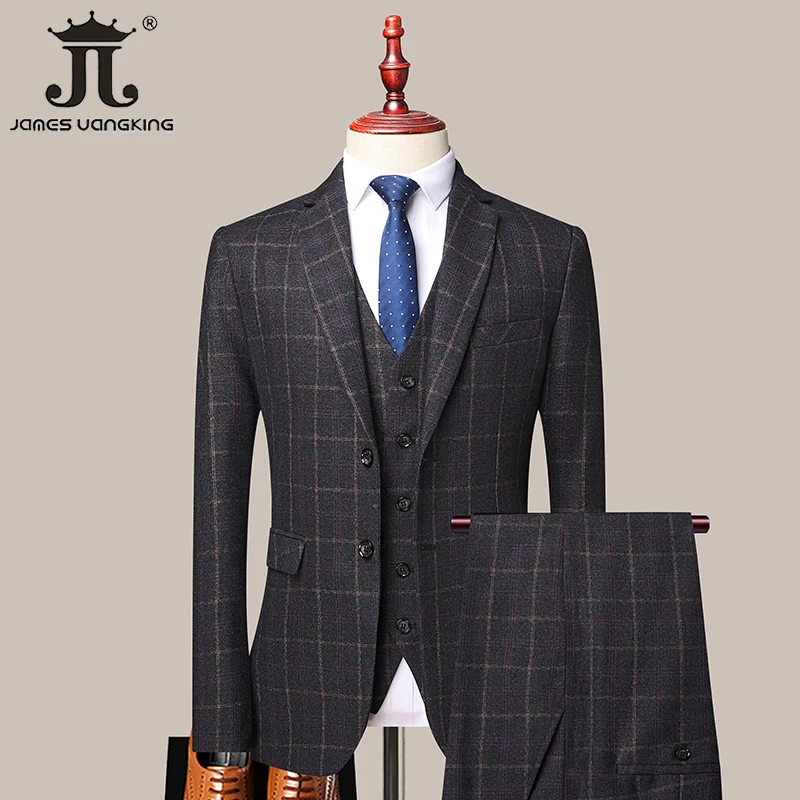 S- 4XL Blazer Vest Pants High-end Brand Boutique Fashion Grid Office Casual Business Suit Groom Wedding Dress Official Suit