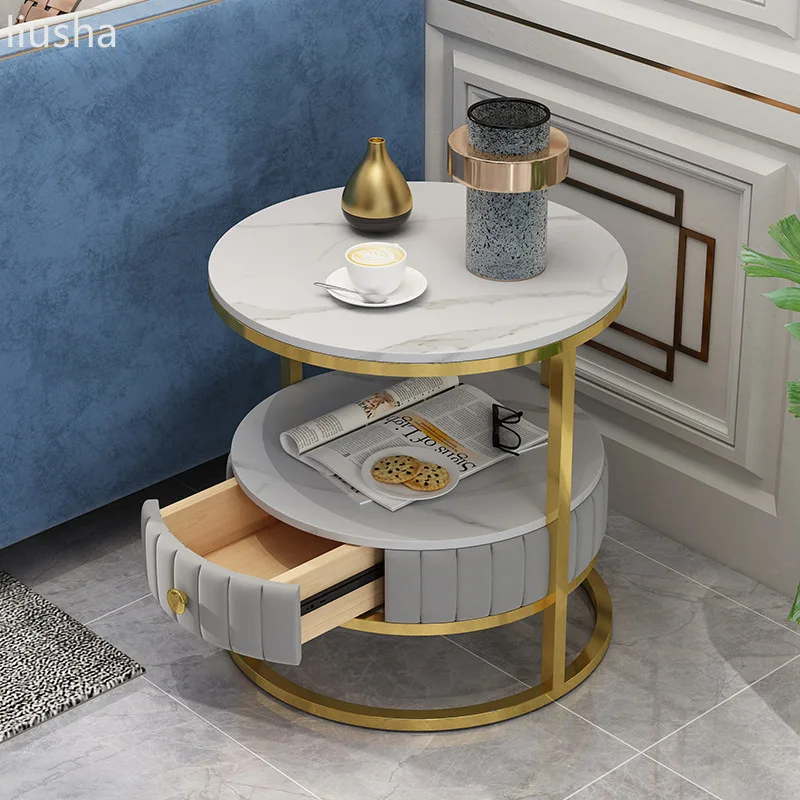 Light Luxury Marble Bedside Table Modern Minimalist Slate Round Small